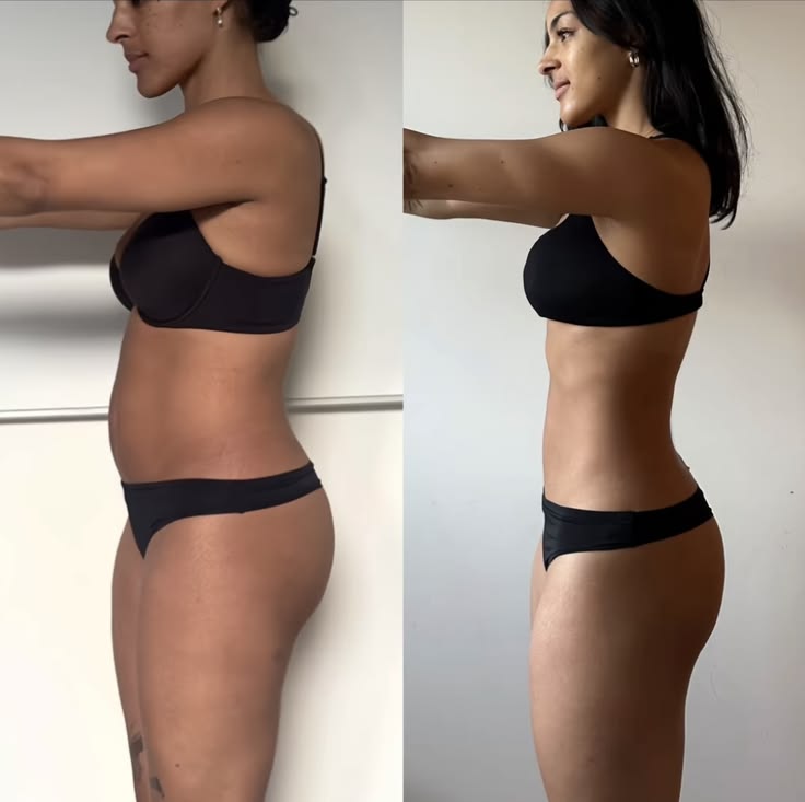 A side-by-side before and after comparison of a woman in black underwear showing a change in physique.