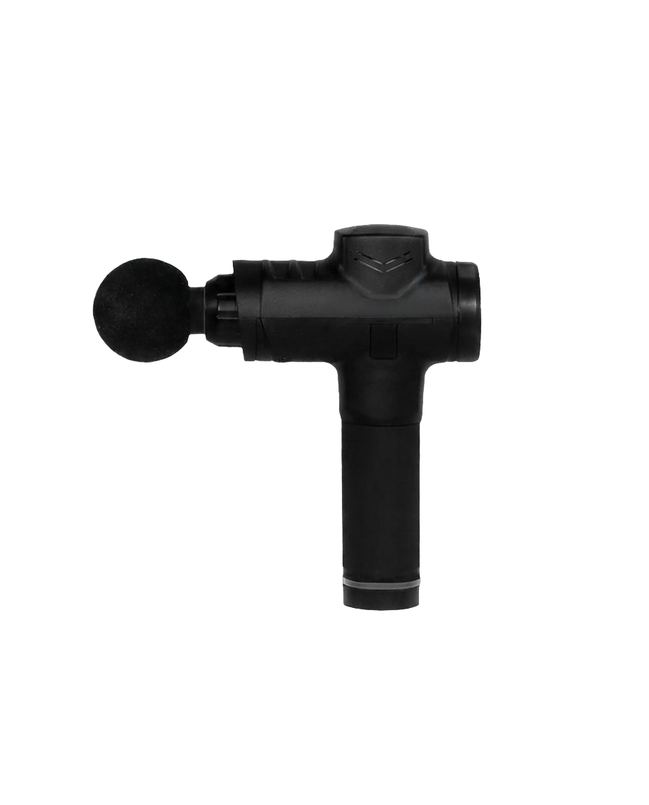 A black percussion massage gun with a spherical head attachment against a white background.