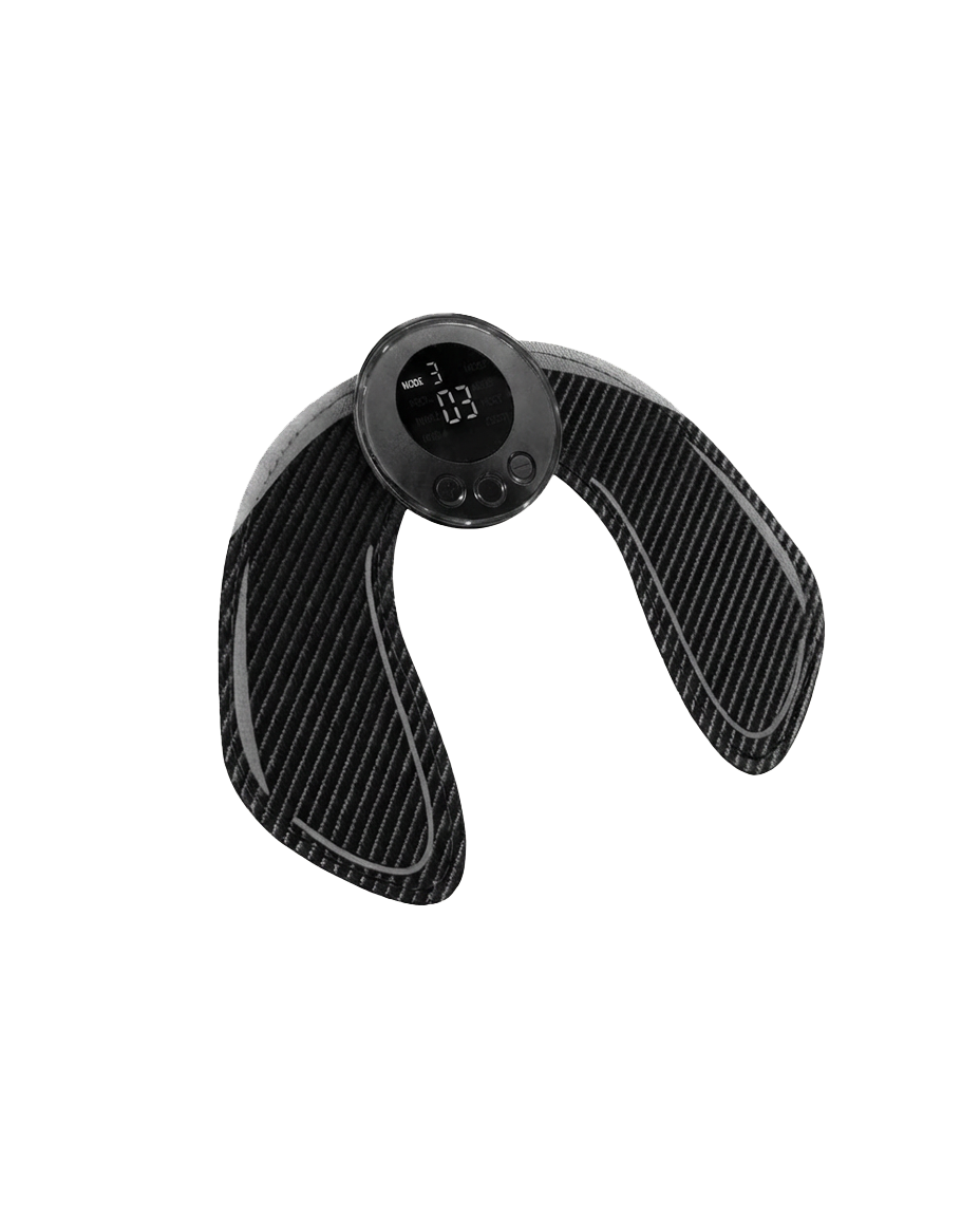 An electronic muscle stimulator for the hips, with a carbon fiber pattern and a digital display.