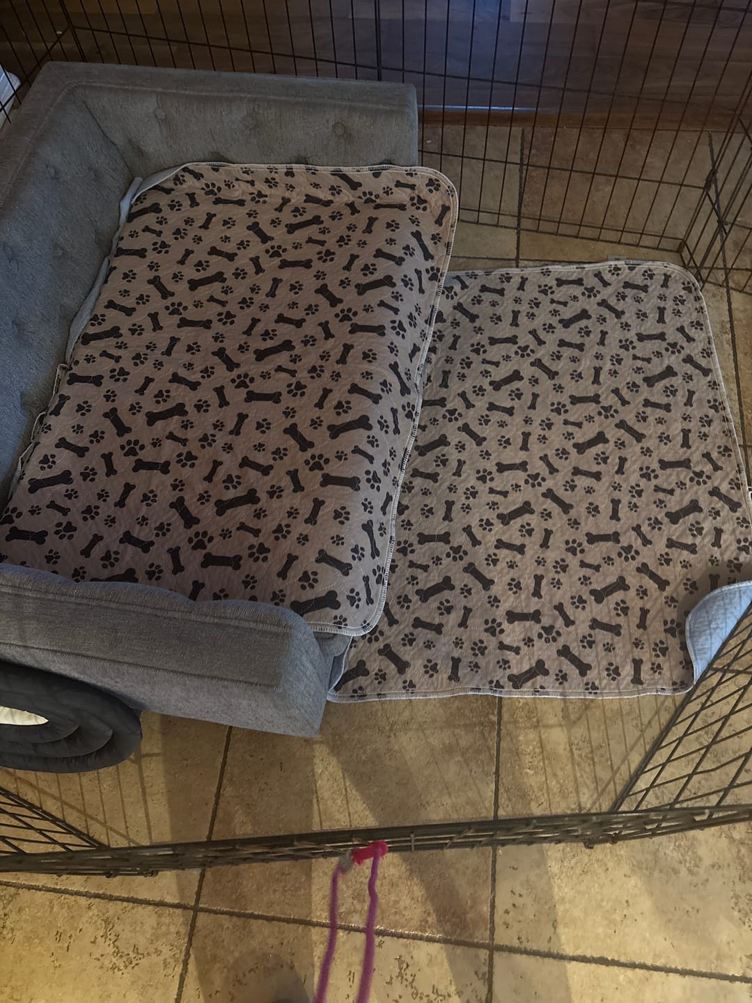A grey dog bed and two mats with a bone and paw print pattern inside a wire crate.