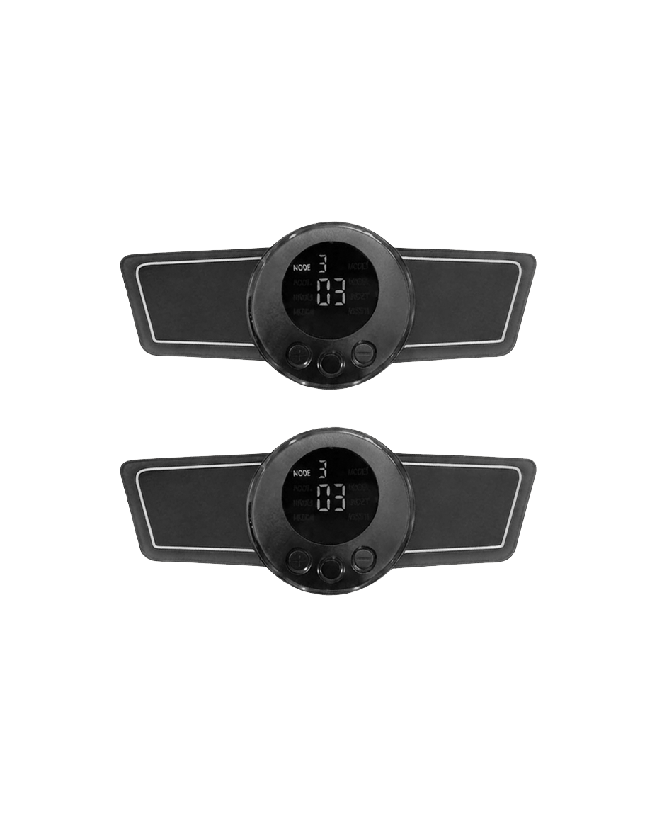 A pair of black, electronic muscle stimulators with digital displays, isolated on a white background.