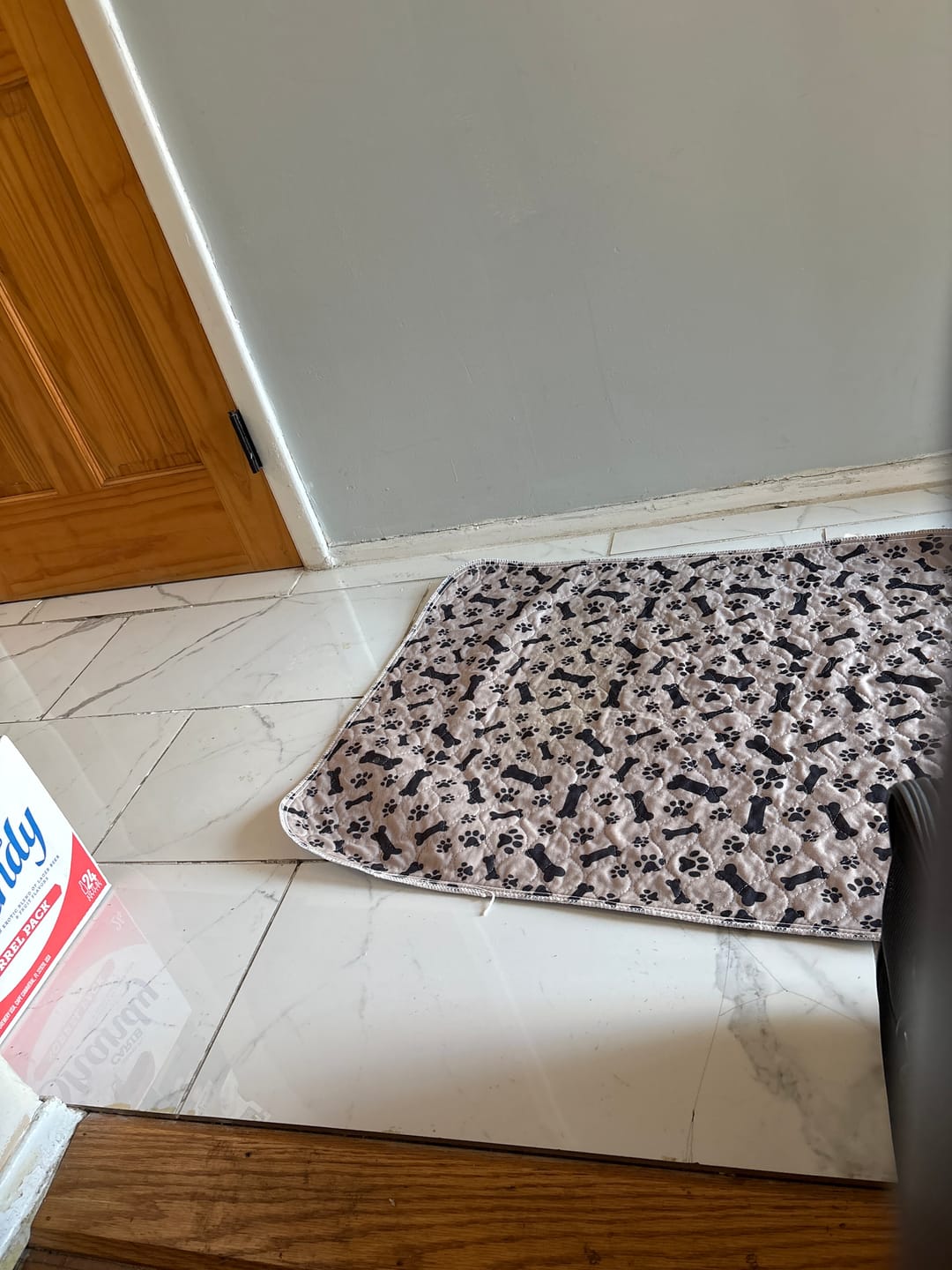 A dog mat with bone and paw print patterns on a white marble-style floor next to a wooden door.