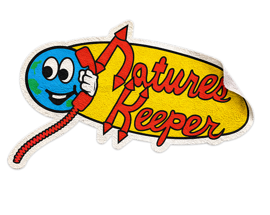 A sticker-style logo for 'Natures Keeper' featuring a cartoon Earth holding a red telephone.