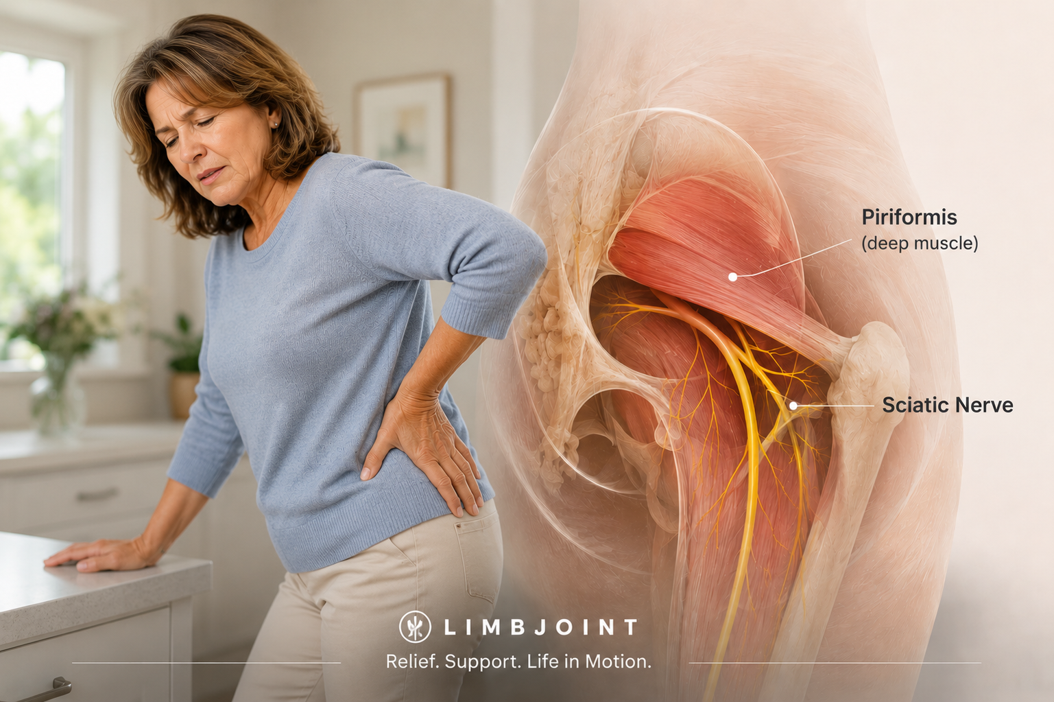 LimbJoint educational illustration showing the piriformis muscle and sciatic nerve pathway alongside a woman experiencing hip and glute discomfort.