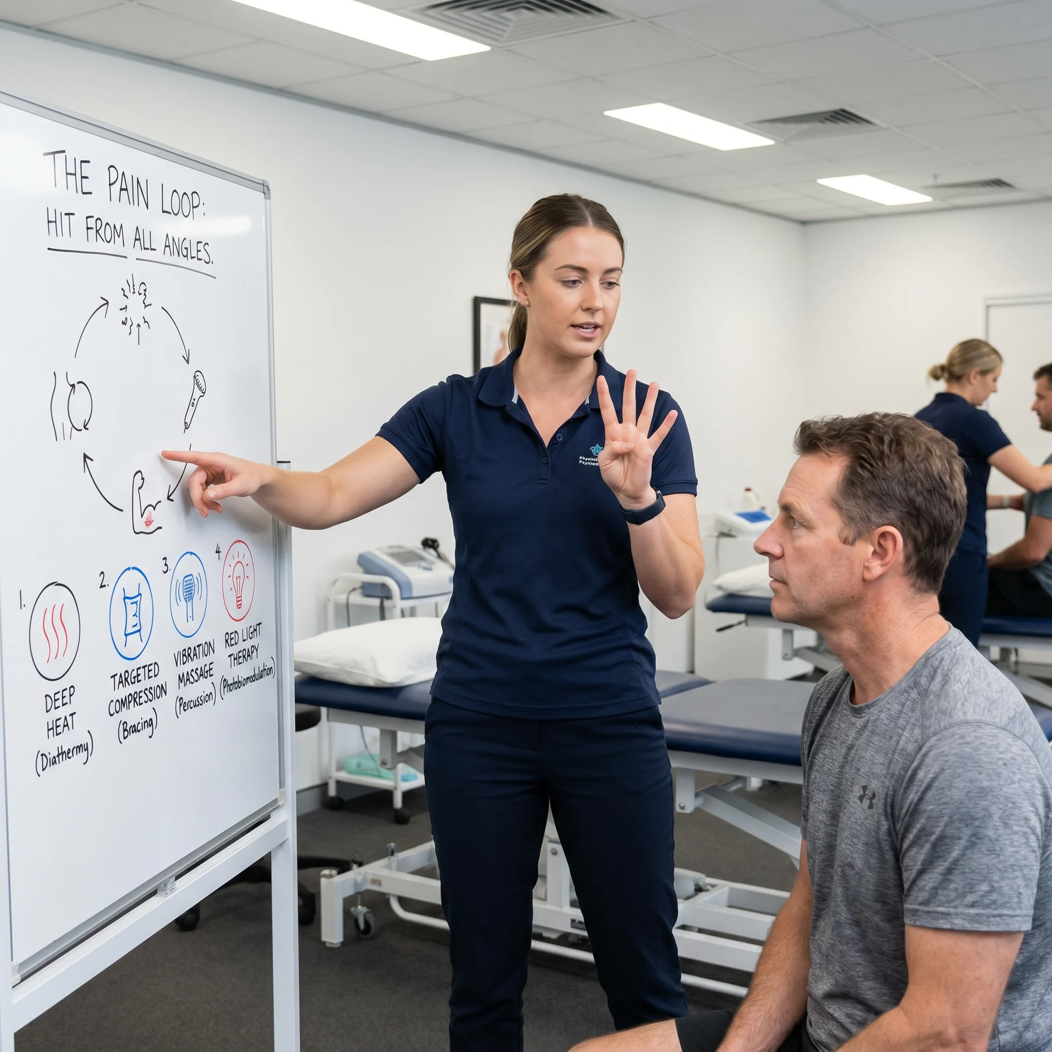 Physical therapist demonstrating a four-part approach to support hip comfort, mobility, and recovery