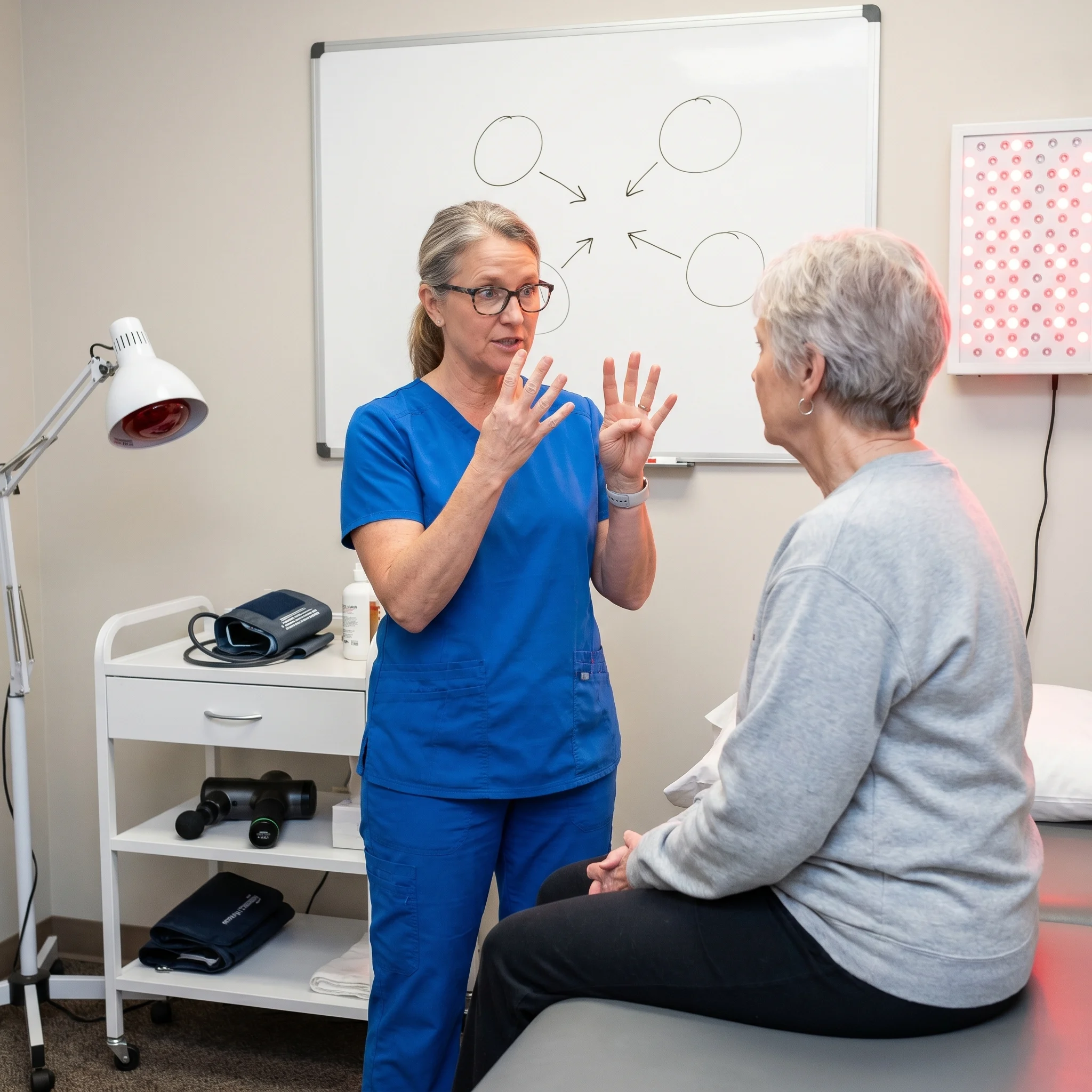 Physical therapist explaining how heat therapy, compression, massage, and red light therapy can be combined to support hip comfort and recovery