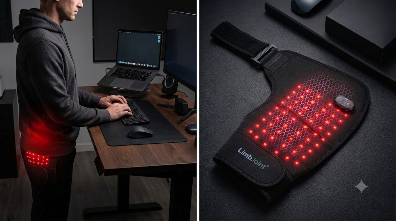 Man at a standing desk wearing a red light therapy hip wrap, with a close-up of the device.
