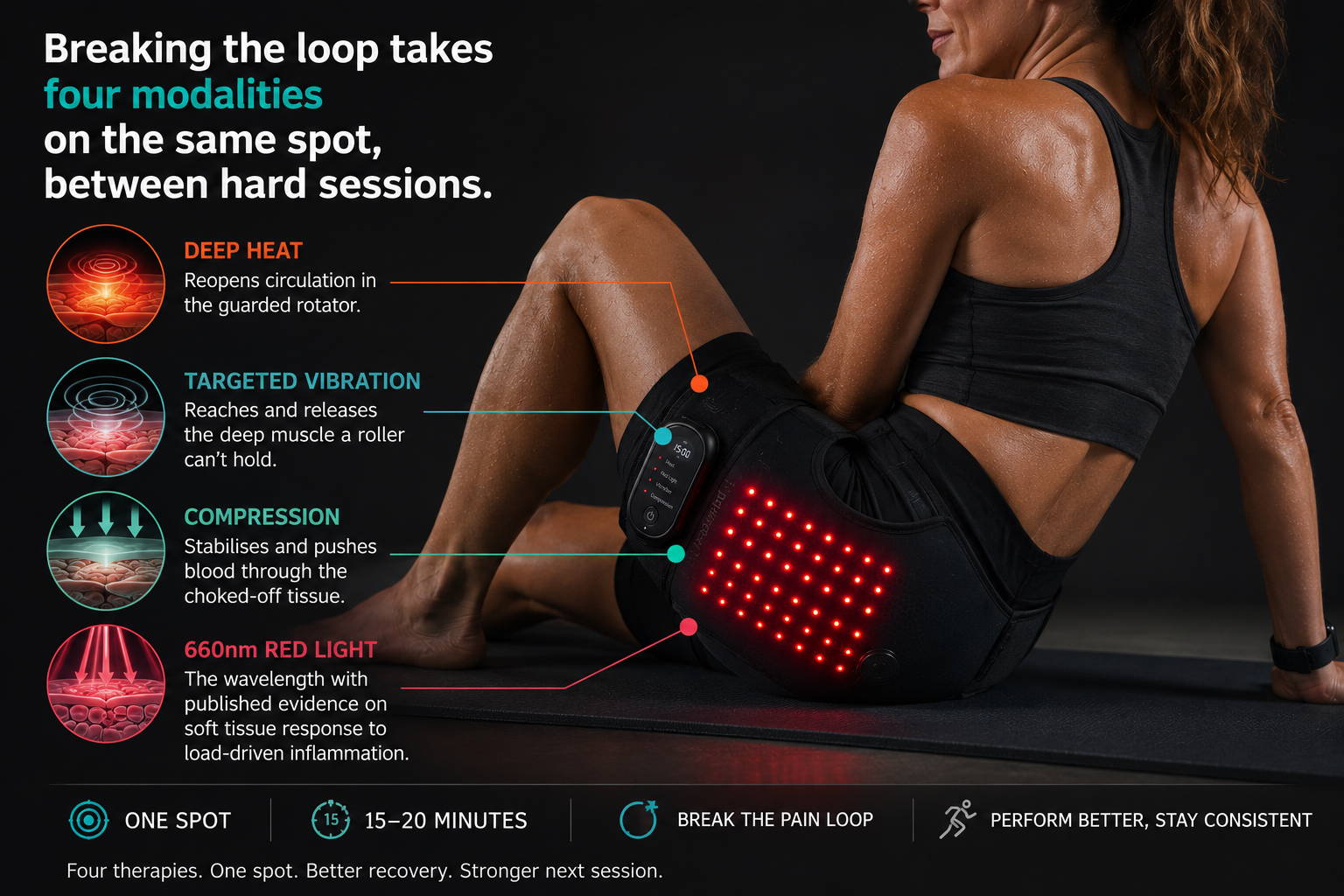 Woman using the LimbJoint 4-in-1 Hip Therapy Belt showing deep heat, targeted vibration, compression, and 660nm red light therapy working together on the deep glute area between training sessions.
