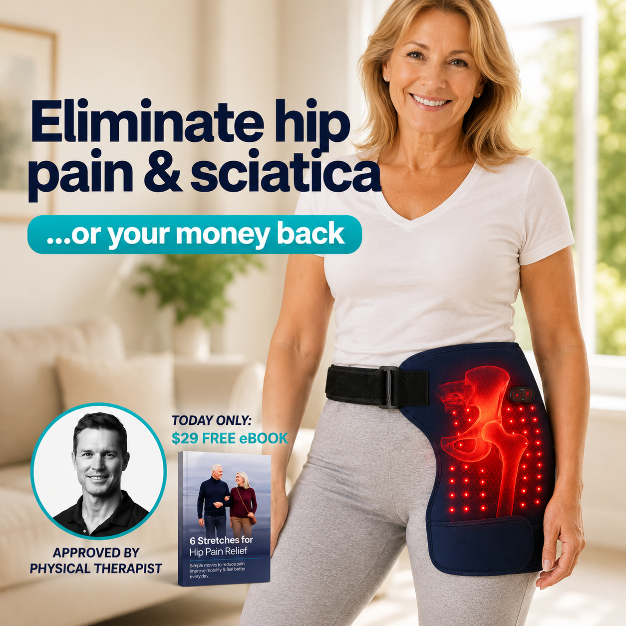 LimbJoint 4-in-1 Hip Therapy Belt worn on the hip with visible red light therapy, featuring a money-back guarantee and free hip pain relief guide.