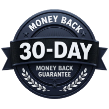 A dark blue circular seal with a ribbon that reads '30-Day Money Back Guarantee'.