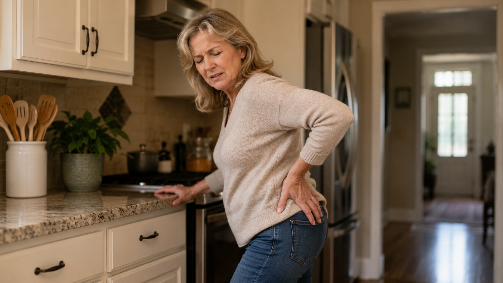 LimbJoint lifestyle image showing a woman over 50 holding her hip in a home kitchen during a moment of everyday hip discomfort.