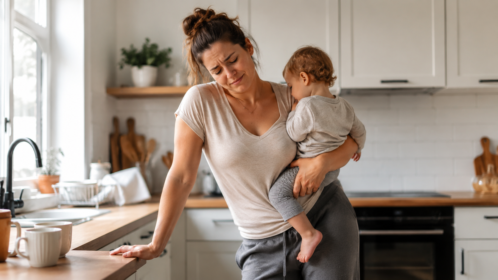 Mother more than a year postpartum holding her toddler while standing at a kitchen counter and experiencing lingering hip pain during daily activities