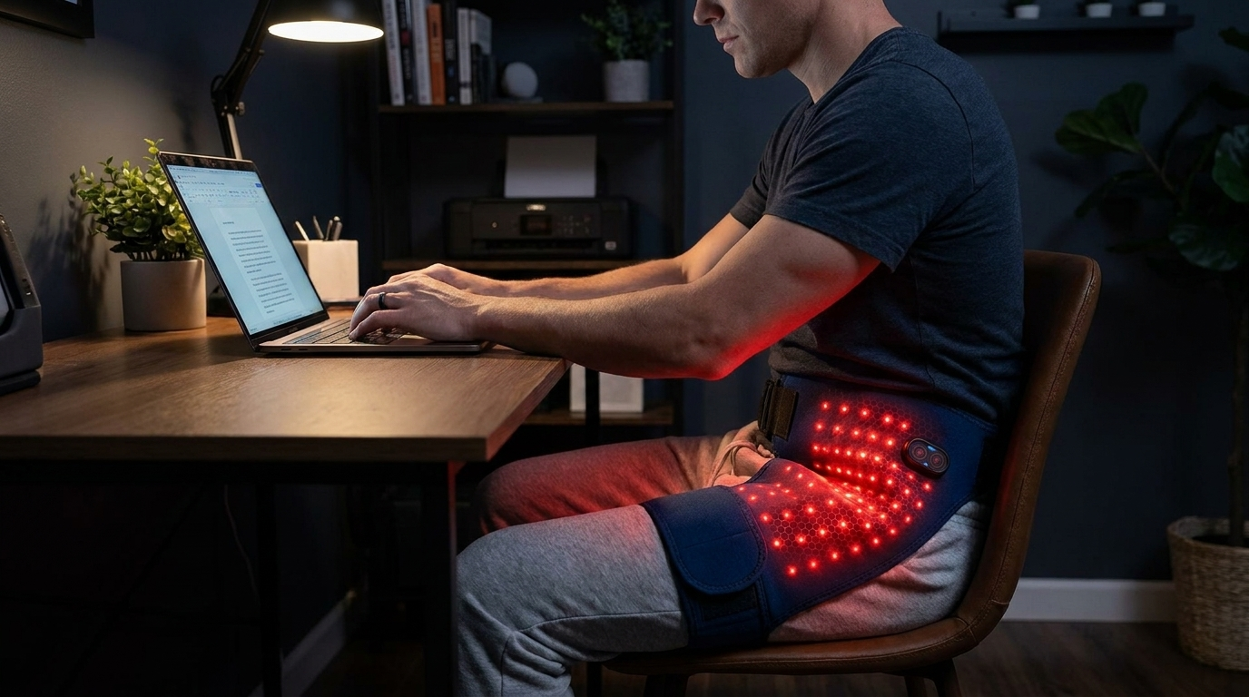 Man using the LimbJoint Hip Therapy Belt during work, showing hands-free hip pain relief with heat and red light therapy while standing at a desk.