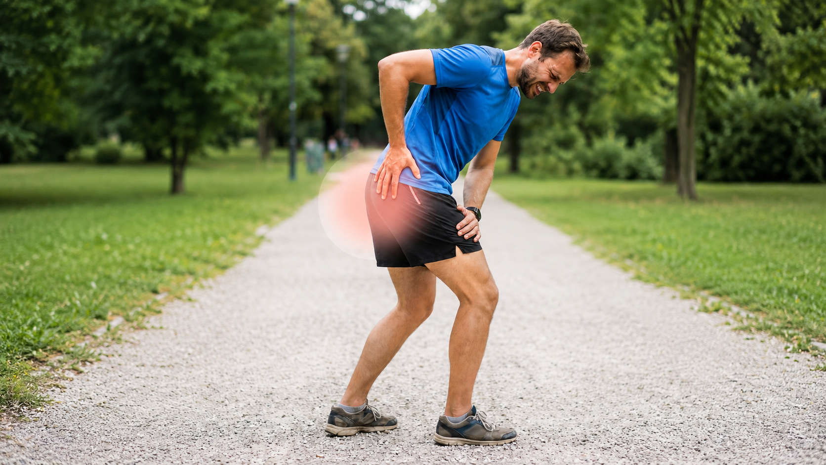 Middle-aged runner stopping during a run and holding his deep glute and hip area as recurring piriformis pain and sciatica symptoms flare up during mileage buildup.