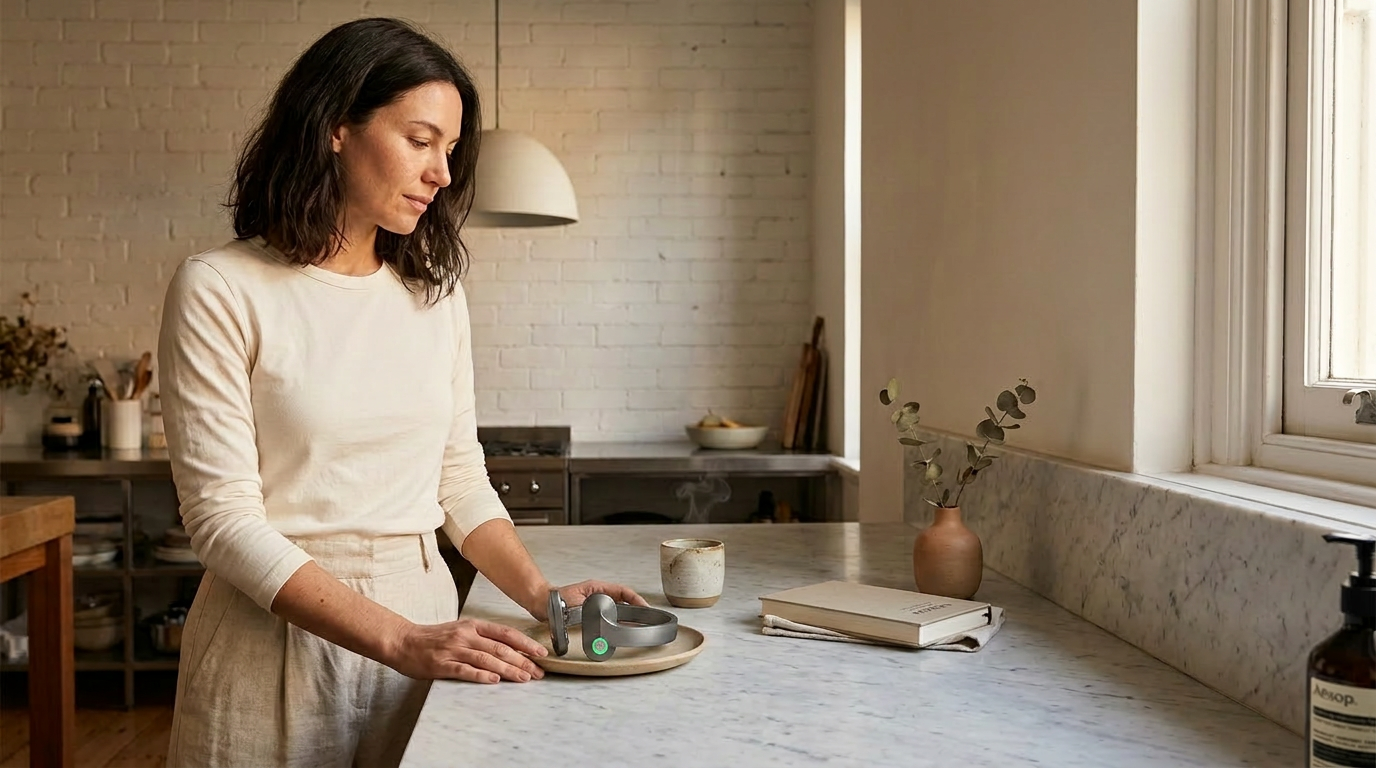 A woman in a kitchen looks at a gray electronic headband on a plate on a marble countertop.