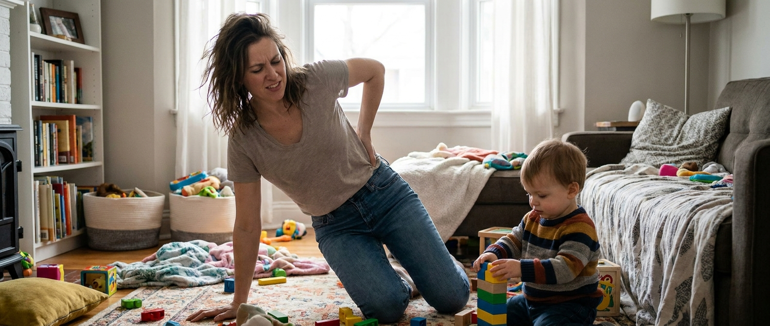 LimbJoint customer experiencing postpartum hip and SI-joint pain during floor playtime with her toddler at home