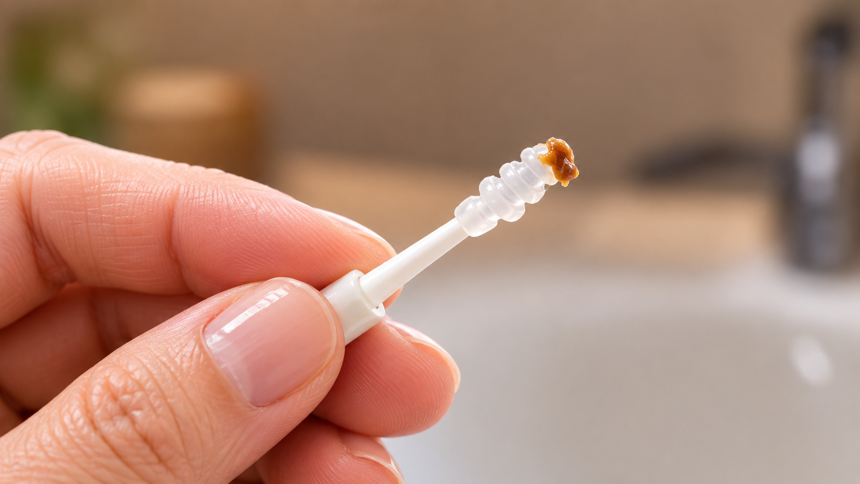 WaxLift soft resin tip gripping and lifting a small piece of earwax