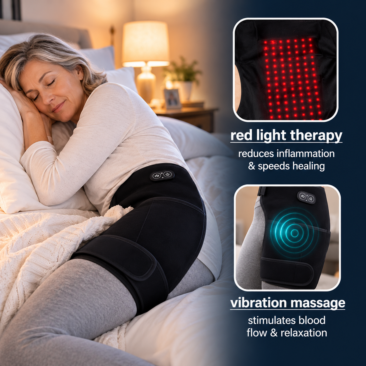 Woman sleeping comfortably in bed wearing the LimbJoint 4-in-1 Hip Therapy Belt with red light therapy and vibration massage for hip pain and sciatica relief