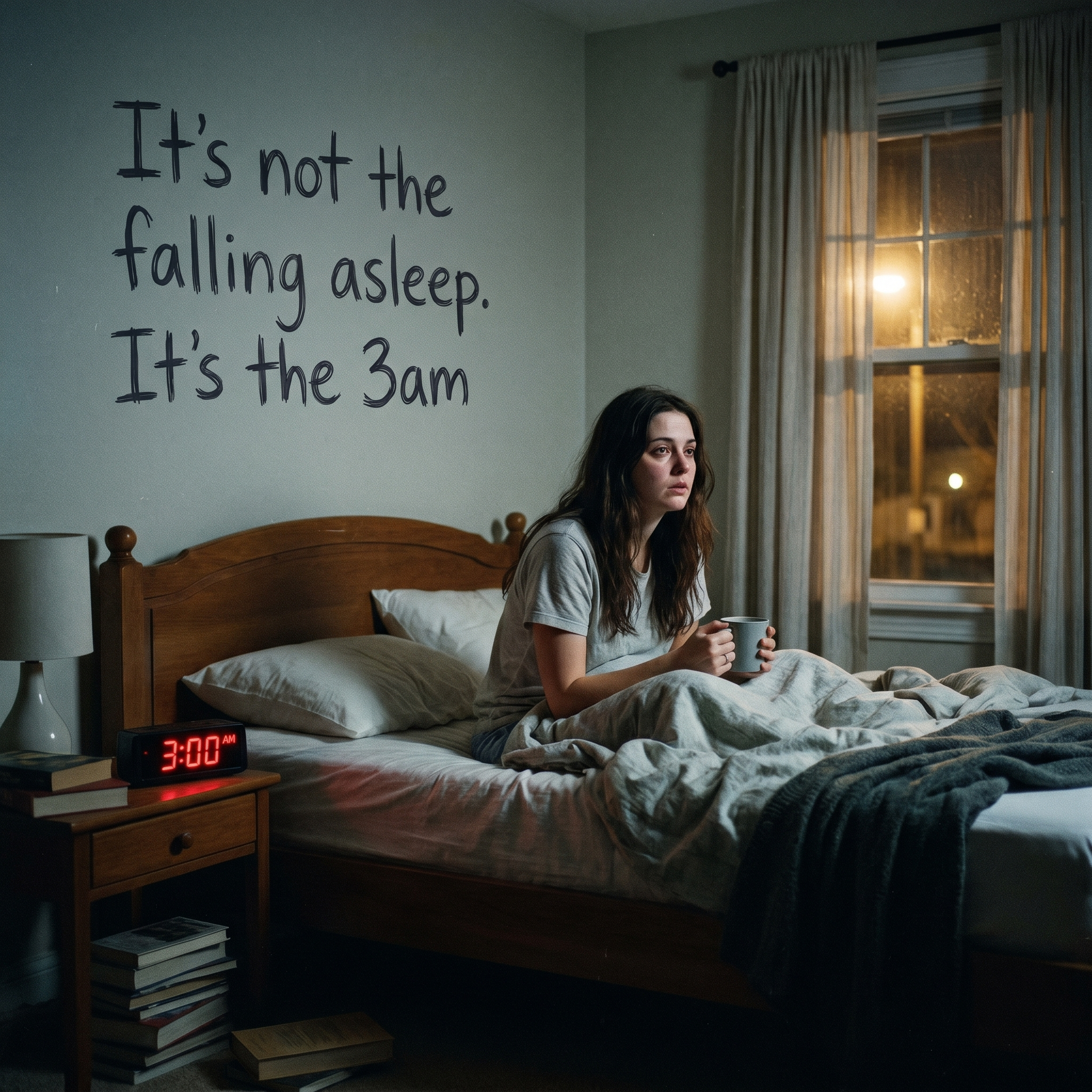 A woman sits awake in bed at 3:00 AM, with text on the wall about waking up.