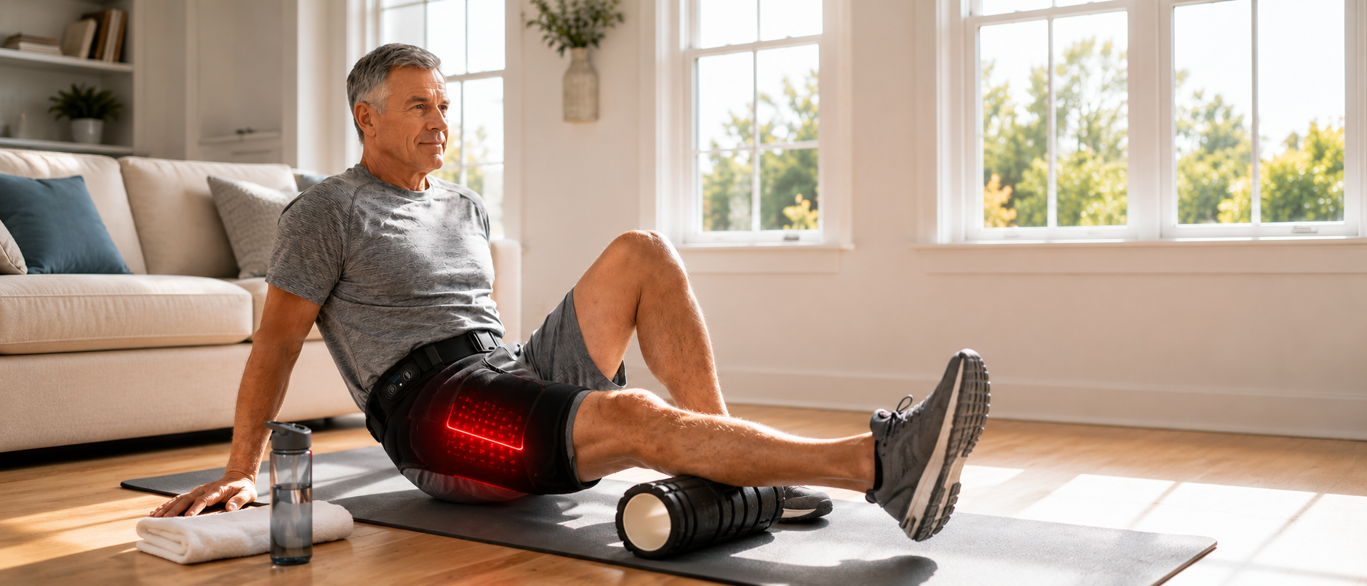 LimbJoint wearable therapy belt providing red light therapy and recovery support on upper thigh