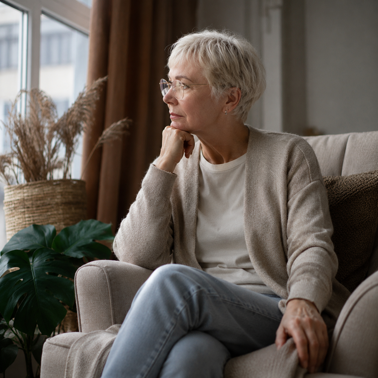 Editorial portrait of a real woman around 50 sitting by a window in soft morning light, wearing neutral knitwear and jeans, looking calmly out the window in a warm, lived-in home.