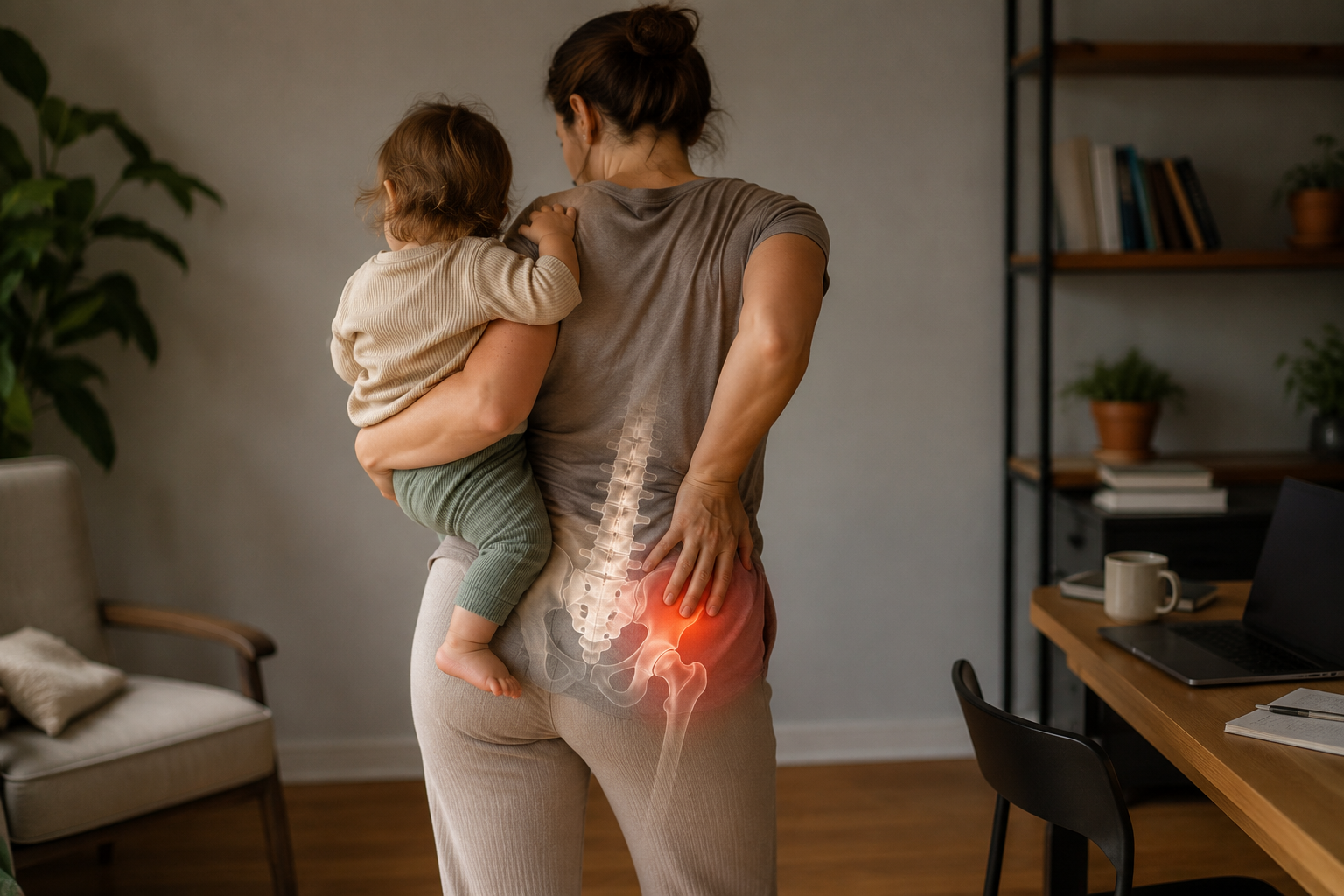 Mother carrying her toddler on one hip while experiencing postpartum hip imbalance and pain from repeatedly favoring one side during daily activities