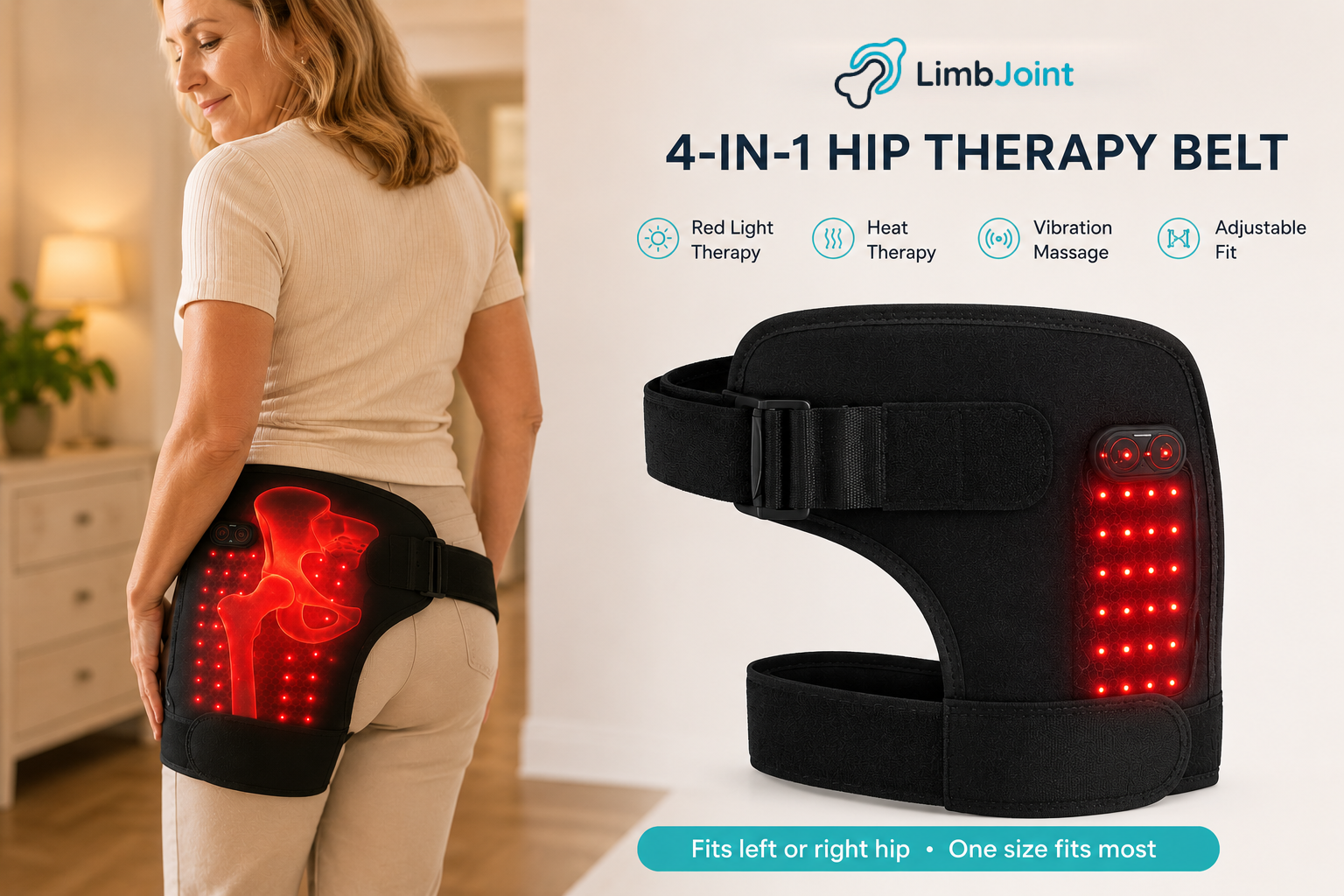 LimbJoint 4-in-1 Hip Therapy Belt worn on the hip and upper glute with visible red light therapy, alongside a product view showing the adjustable strap and secure fit.