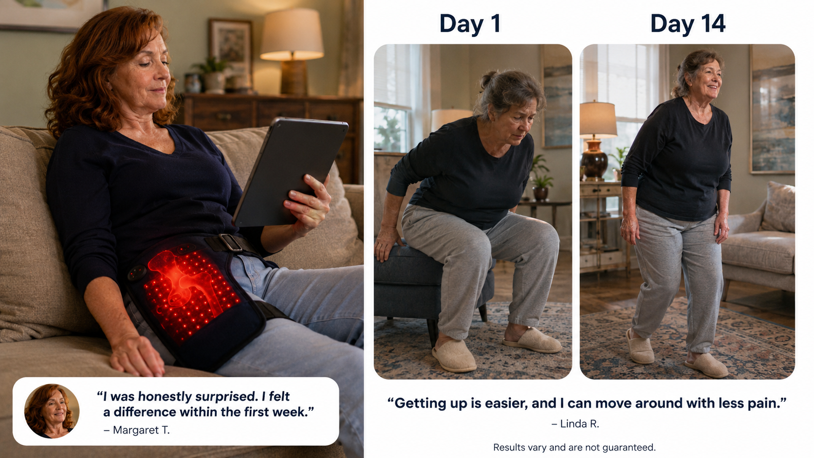 Real woman in her 50s using the LimbJoint 4-in-1 Hip Therapy Belt at home, with visible red light therapy glow and a day 1 vs day 14 sit-to-stand mobility comparison showing improved movement and comfort.