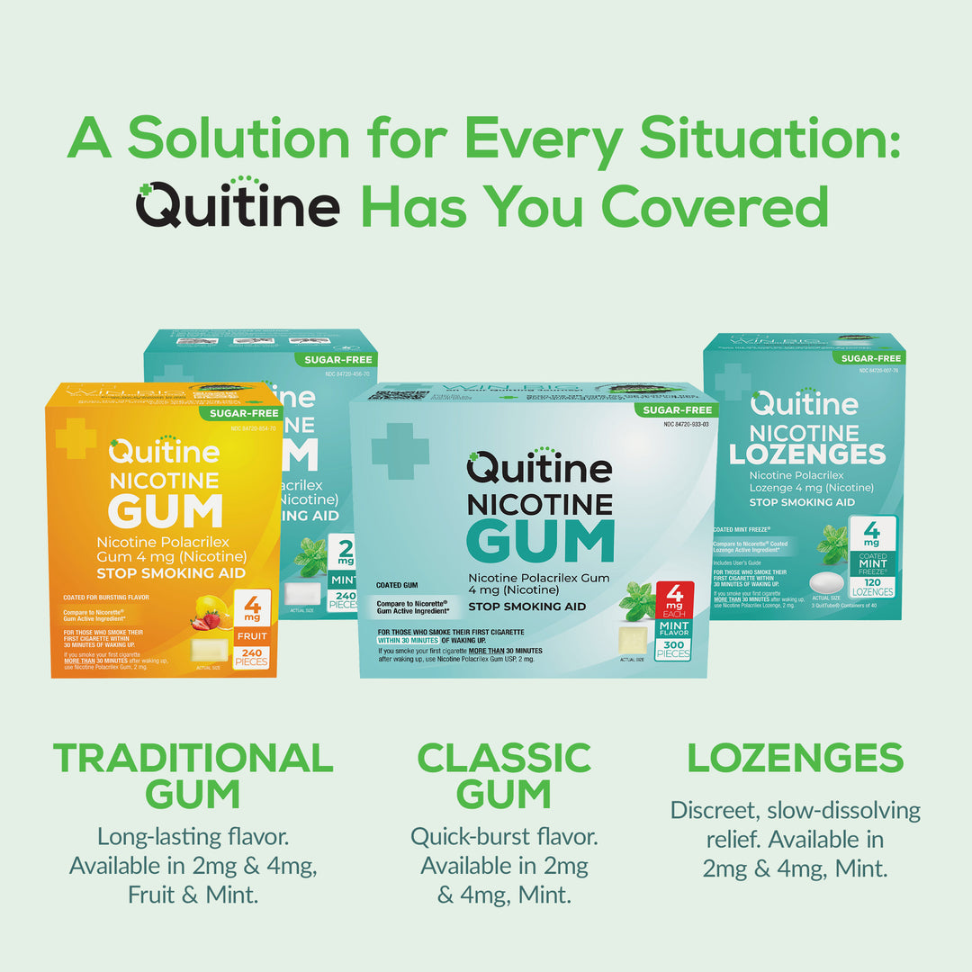 An advertisement for Quitine stop smoking aids, showing various boxes of nicotine gum and lozenges.