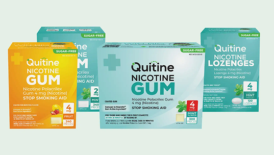 Boxes of Quitine nicotine gum and lozenges in various colors.