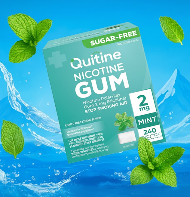 Box of Quitine Nicotine Gum with mint leaves and water splash background.