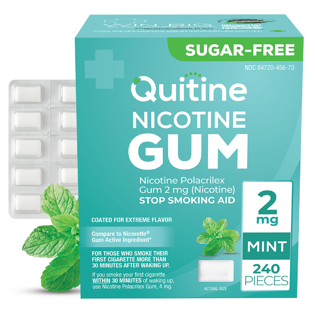 A box of Quitine Nicotine Gum, 2mg mint flavor, next to a blister pack of the gum.