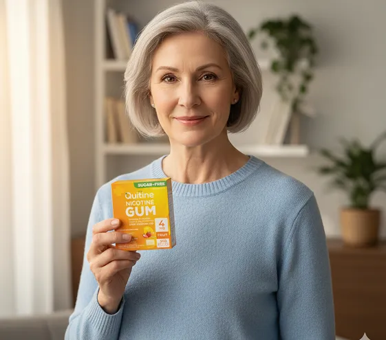 Person holding a pack of Quitine nicotine gum in a living room setting.