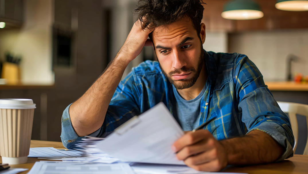 Man in a plaid shirt looking at papers, holding his head.