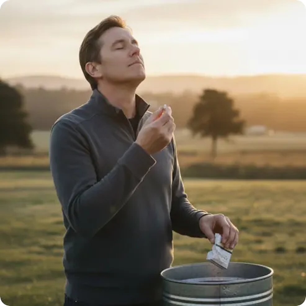 Man enjoying scent while standing outside with a container at sunset.