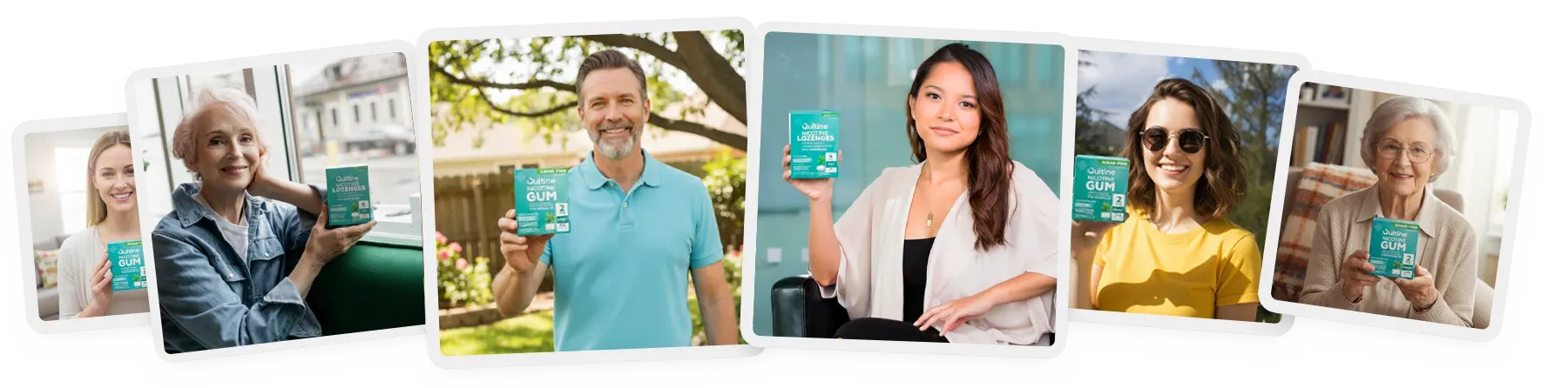 Group of smiling people holding QuitSure products outdoors and indoors.