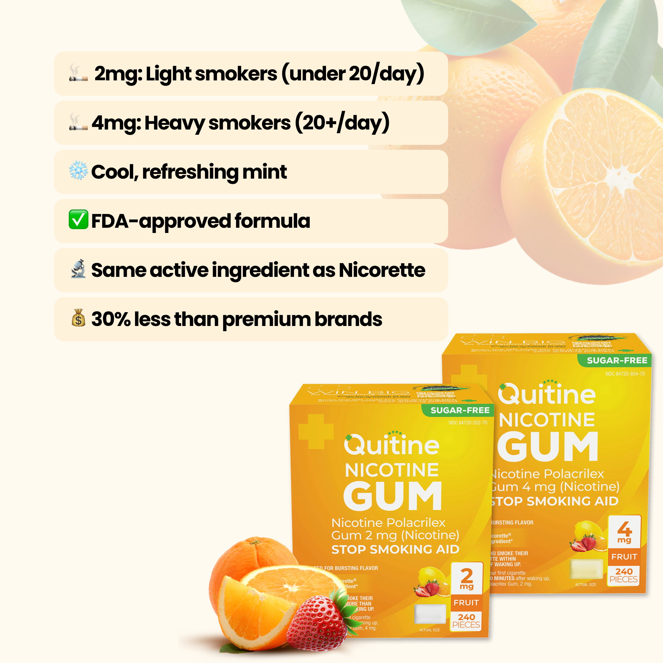 An advertisement for Quitine Nicotine Gum showing two fruit-flavored boxes with a list of product benefits.