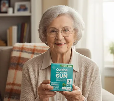 Elderly woman holding a box of Quitine Nicotine Gum, sitting in a cozy living room.