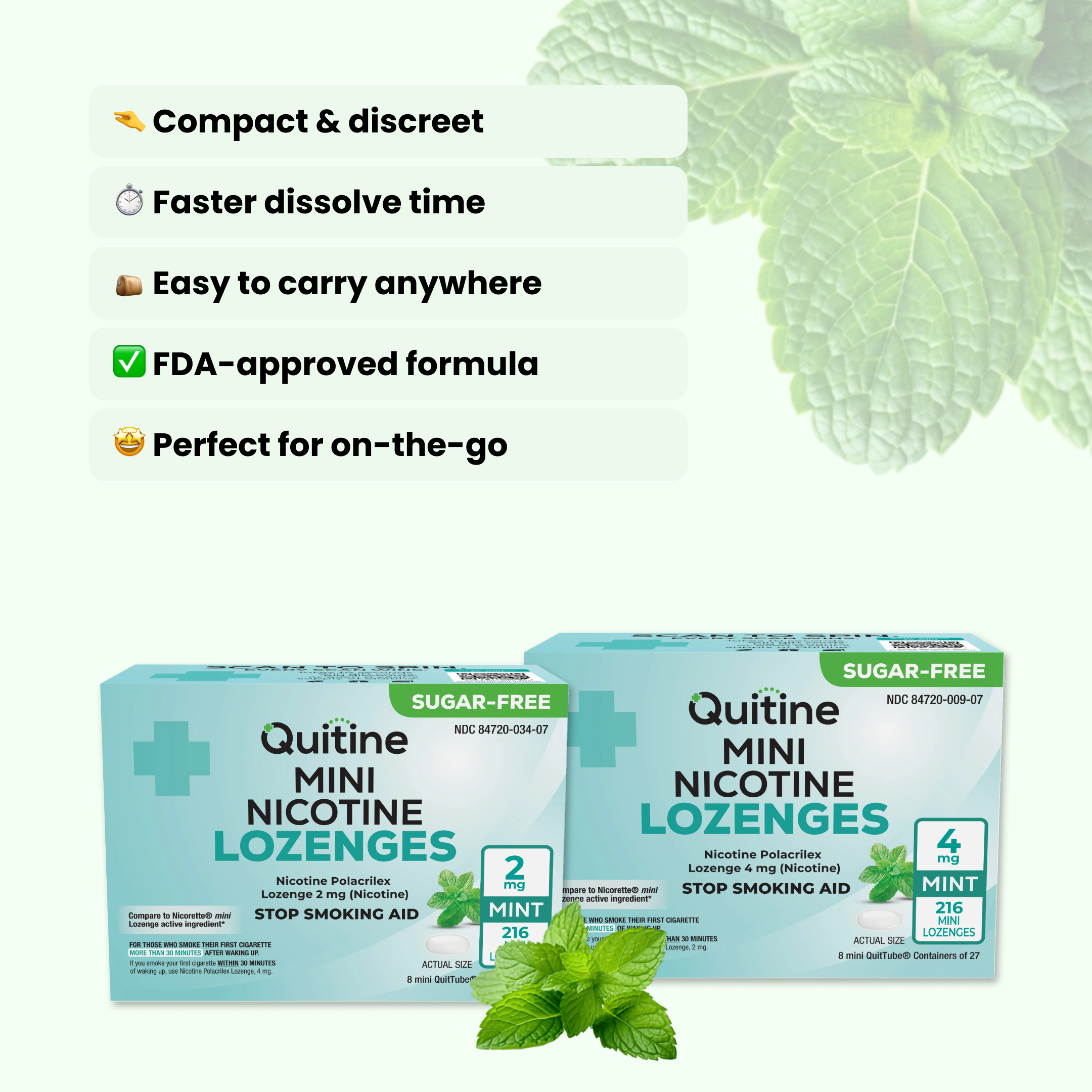 Two boxes of Quitine Mini Nicotine Lozenges, 2mg and 4mg, with mint leaves and product benefits listed.