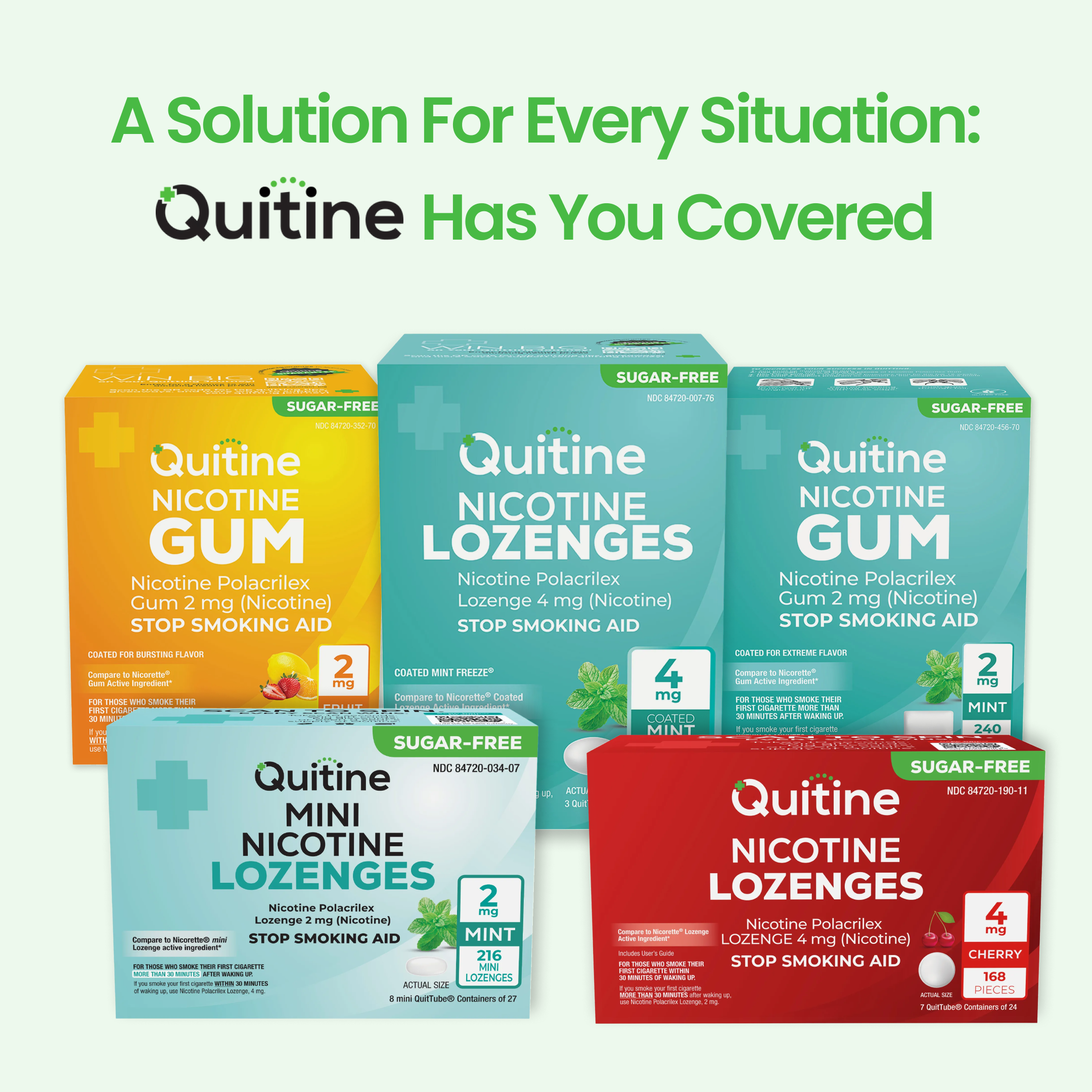 An assortment of Quitine brand nicotine gum and lozenge products, which are stop smoking aids.