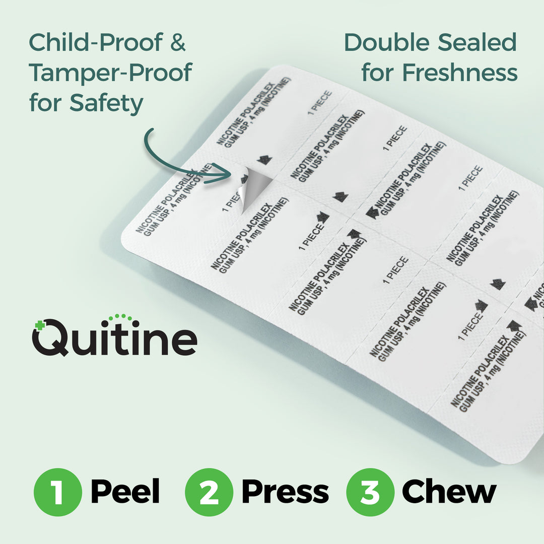 A blister pack of Quitine nicotine gum with instructions on how to use it safely.
