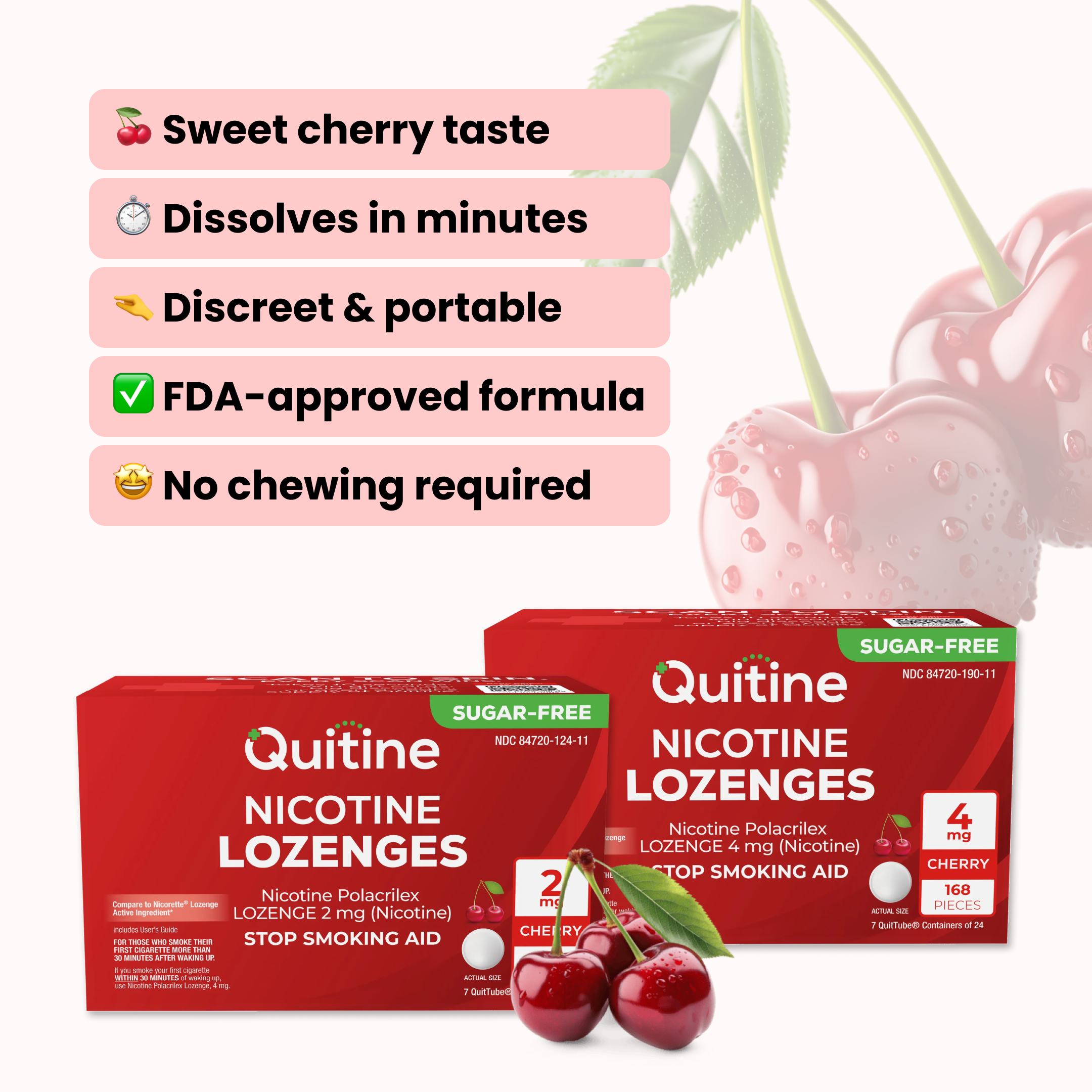 Two boxes of Quitine Nicotine Lozenges in cherry flavor, shown with fresh cherries and product benefits.