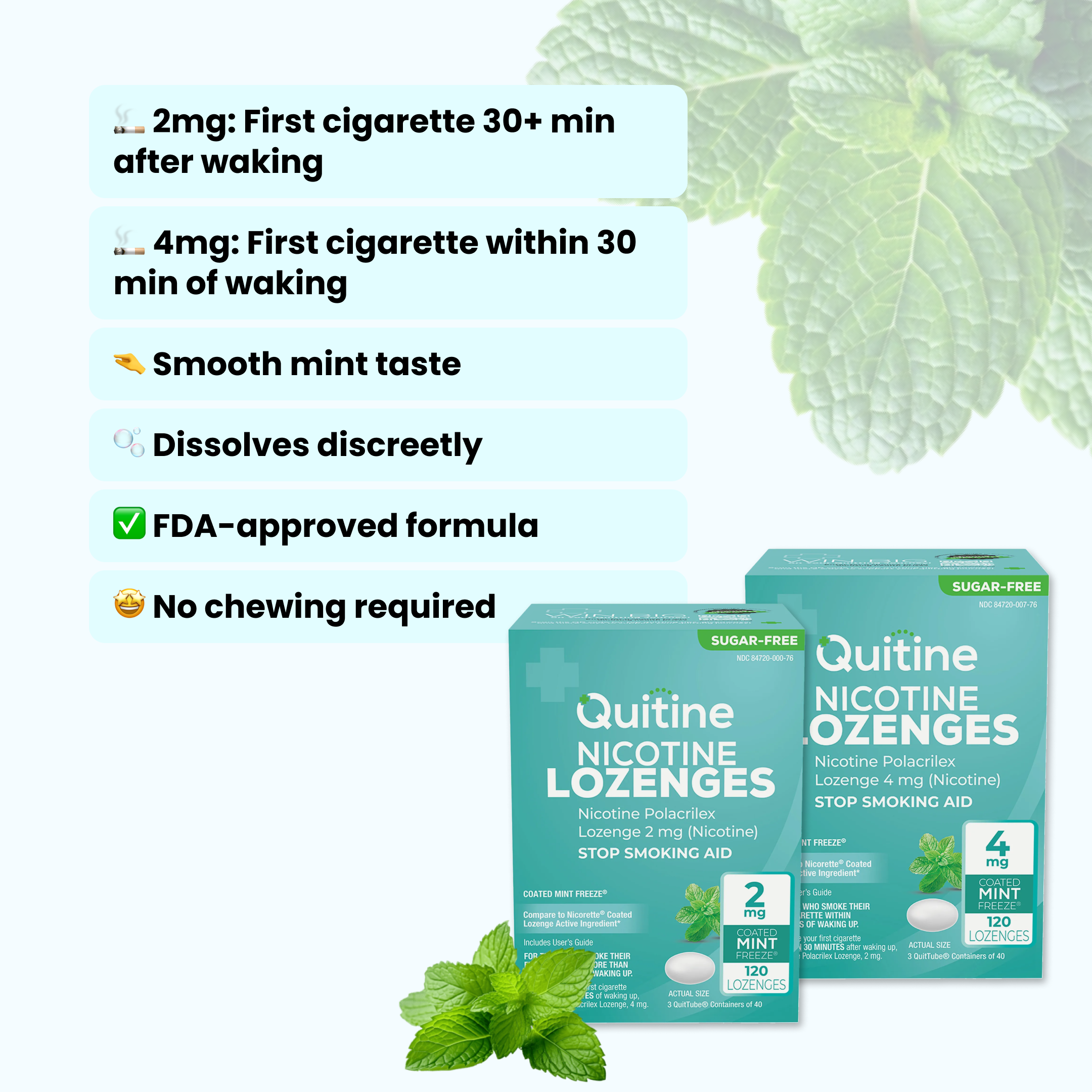 An advertisement for Quitine Nicotine Lozenges showing two boxes, a list of features, and fresh mint leaves.
