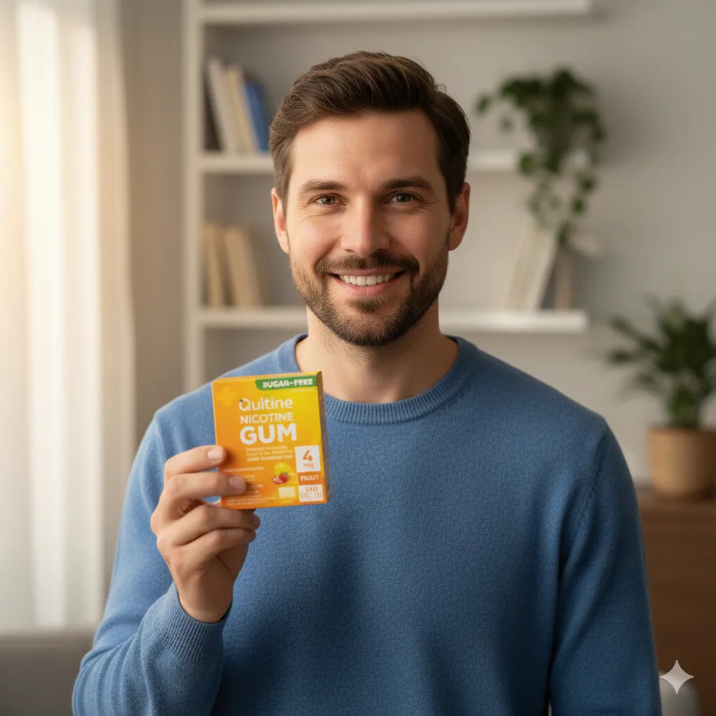 Smiling man holding a pack of sugar-free nicotine gum in a bright room.