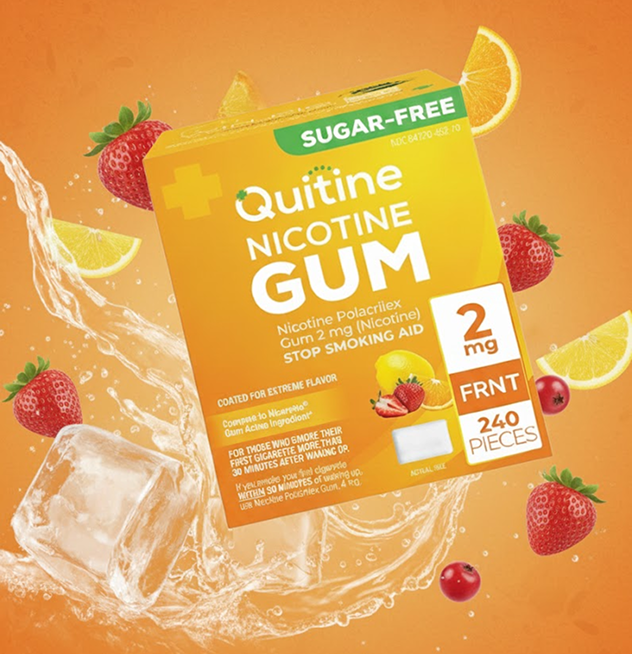 Package of Quitine Nicotine Gum with fruit and ice splash background.