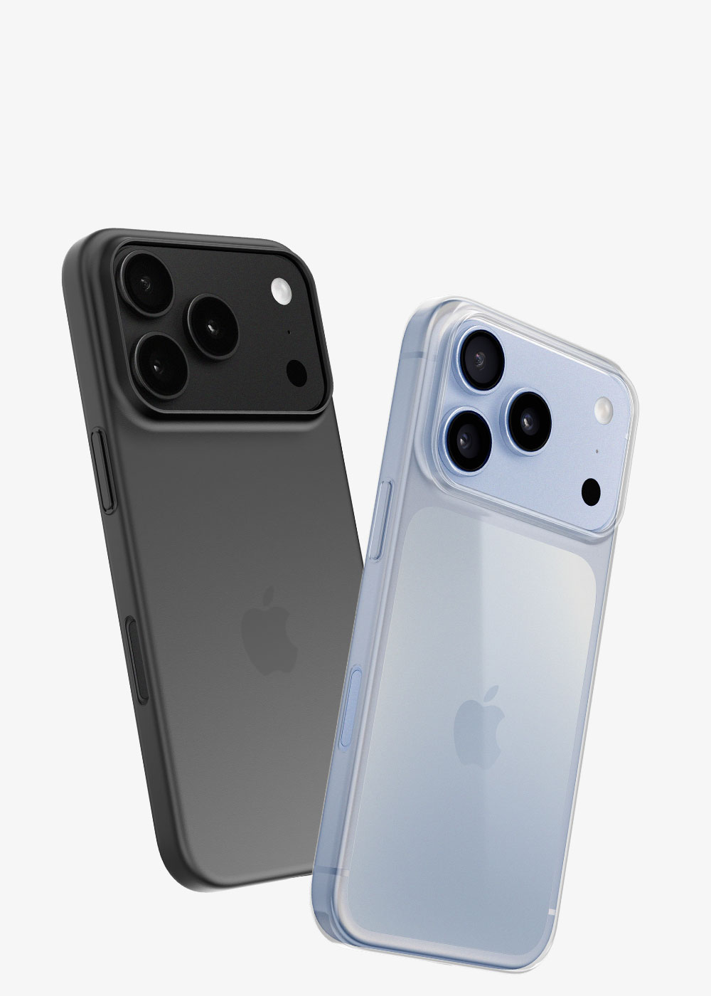 Two iPhones in protective cases, one black and one light blue, shown from the back against a white background.
