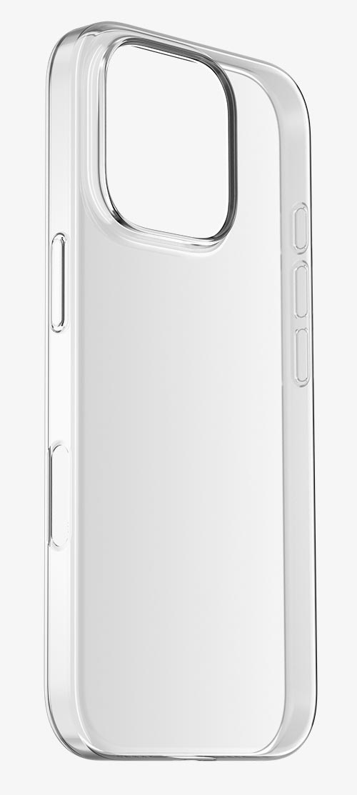 Clear plastic phone case with button cutouts.