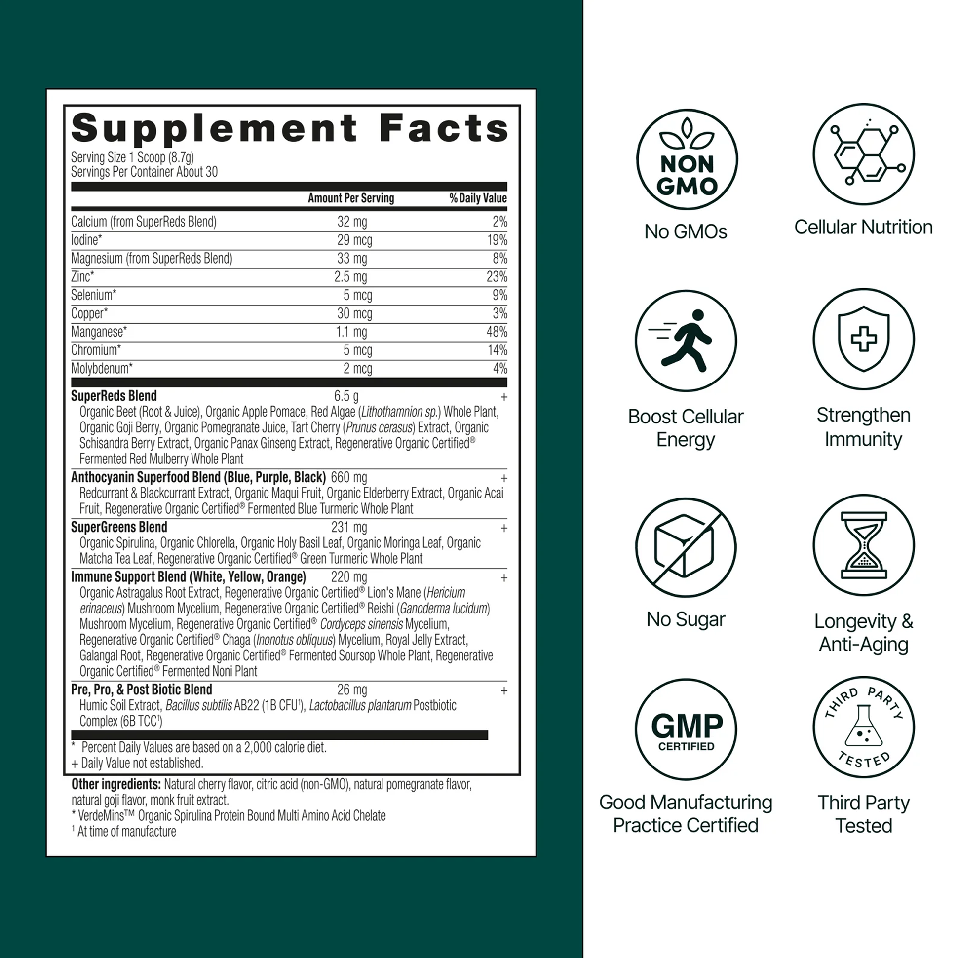 A supplement facts label showing ingredients and benefits, including non-GMO, no sugar, and third-party tested.