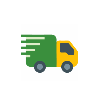A simple icon of a green and yellow delivery truck moving quickly to the left.