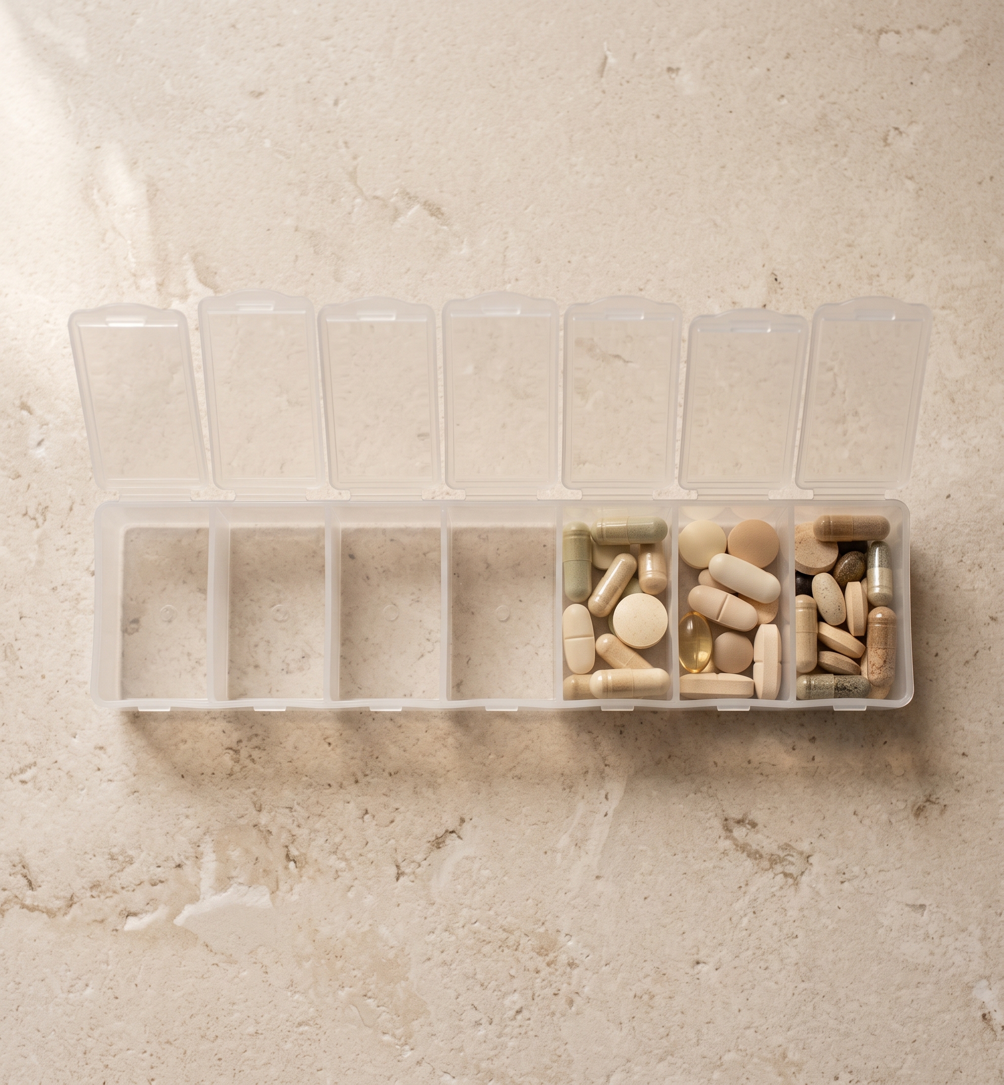 A weekly pill organizer, partially filled with various pills and supplements, on a textured surface.